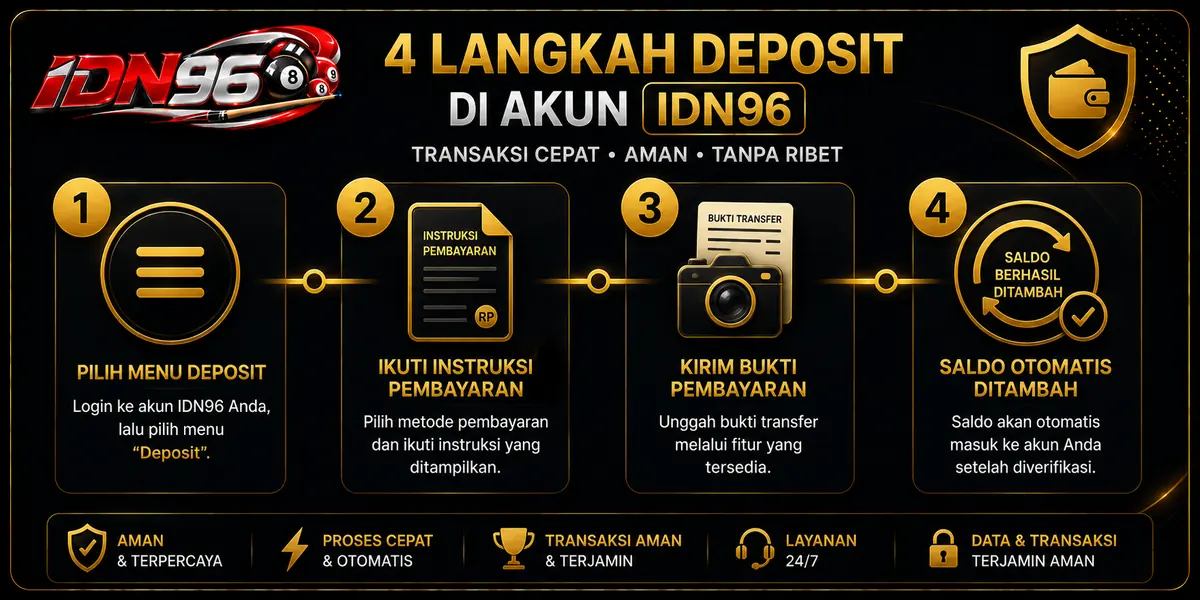 Empat langkah deposit di akun IDN96: ajukan, ikuti instruksi, simpan bukti, saldo diperbarui